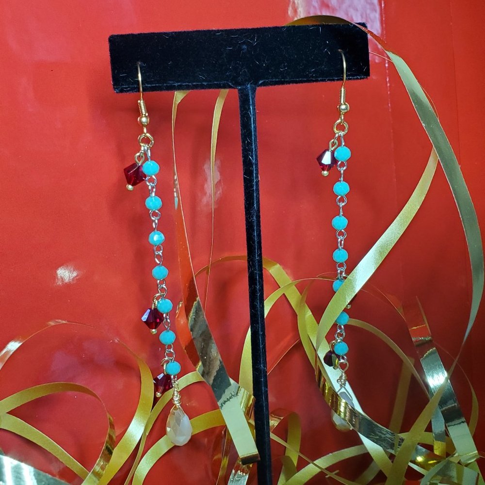 SEXY FALLISH RED, BROWN, TURQUOISE BEADED CHAIN EARRINGS.